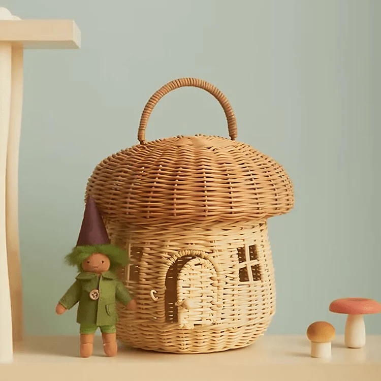 Multi-Purpose Rattan Woven Mushroom Storage Basket with Lid - Image 3