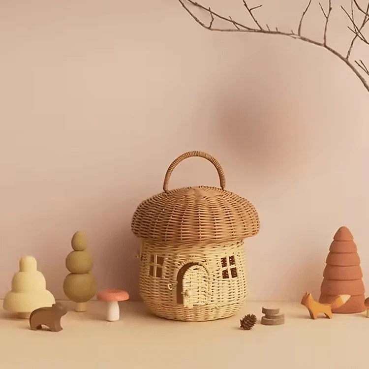 Multi-Purpose Rattan Woven Mushroom Storage Basket with Lid - Image 4