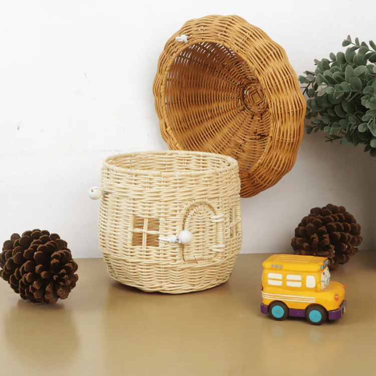 Multi-Purpose Rattan Woven Mushroom Storage Basket with Lid - Image 5