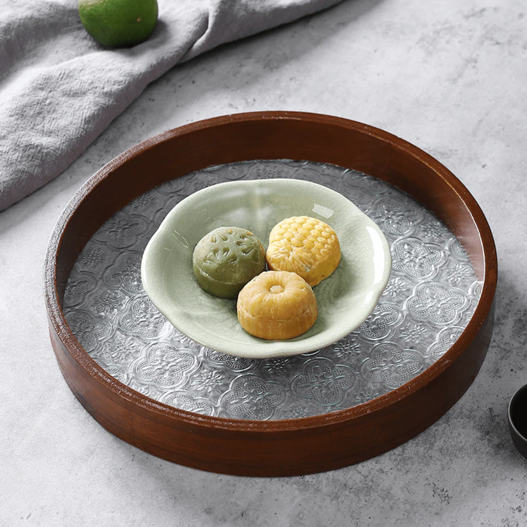 Multi-Purpose Round Wooden Glass Decorative Serving Tray - Image 4
