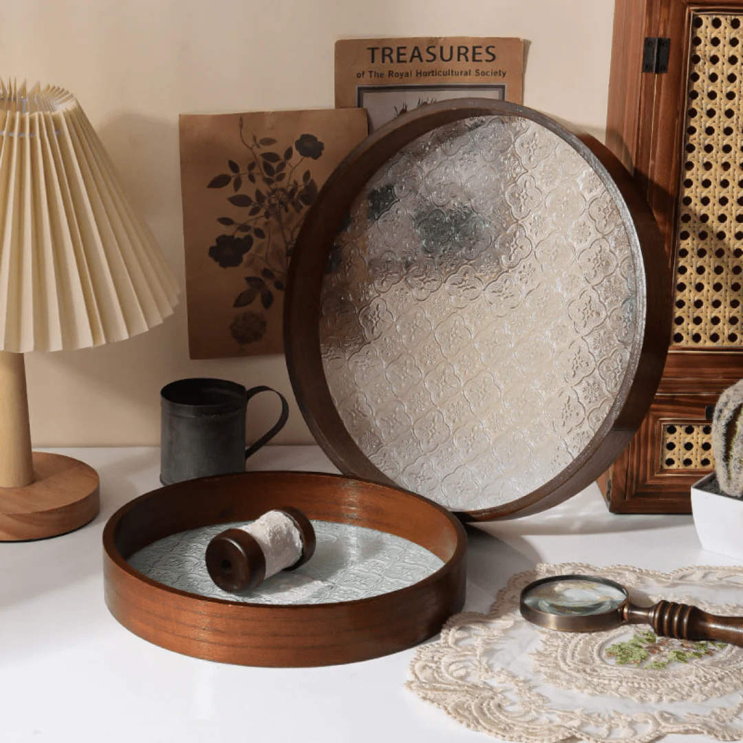 Multi-Purpose Round Wooden Glass Decorative Serving Tray - Image 5