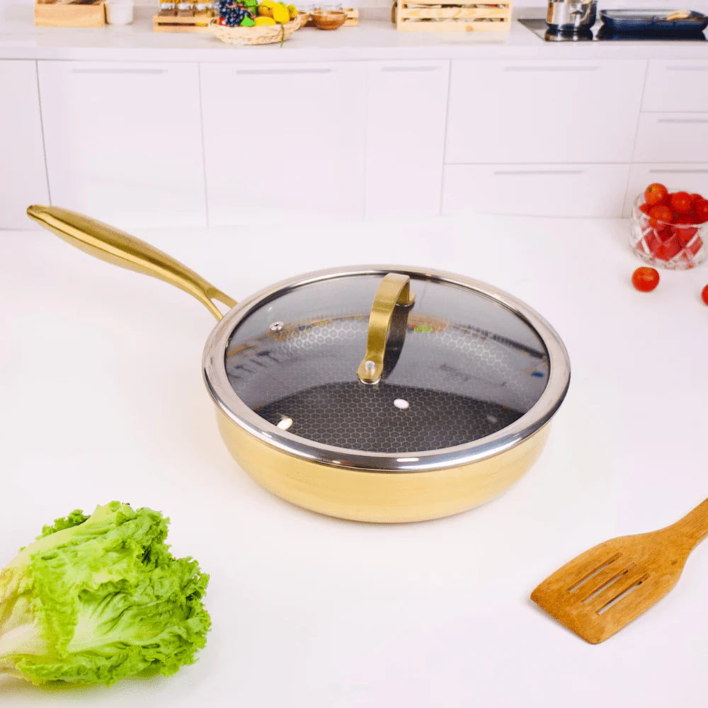 Multi-Purpose Stainless Steel Gold Honeycomb Frying Pan with Lid(24cm) - Image 3