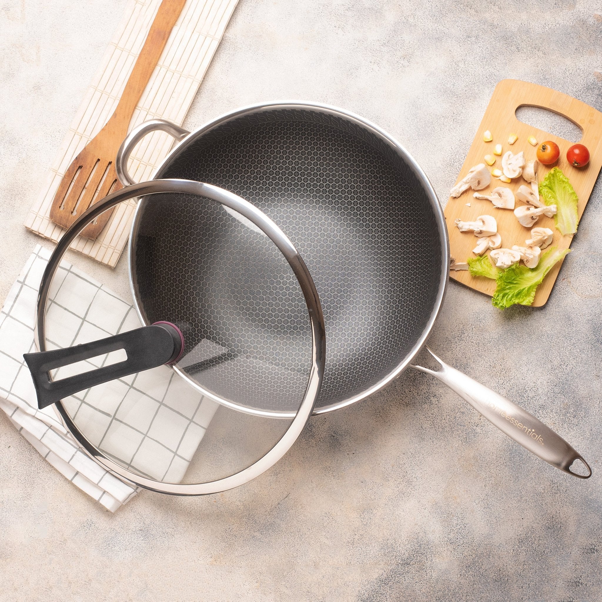 Multi-Purpose Stainless Steel Honeycomb Frying Wok With Lid (32cm) - Image 3