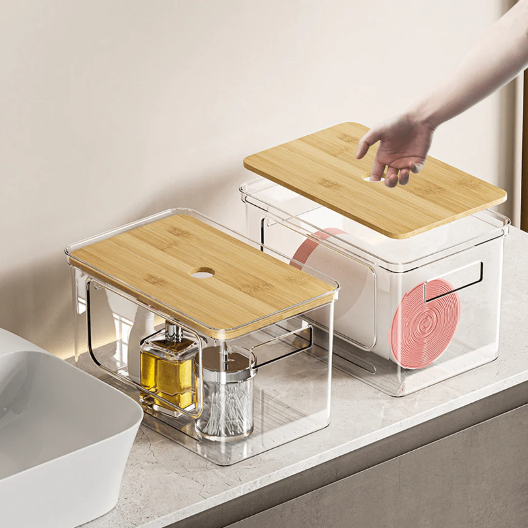 Multi-Purpose Transparent Storage Box with Bamboo Lid - Image 3
