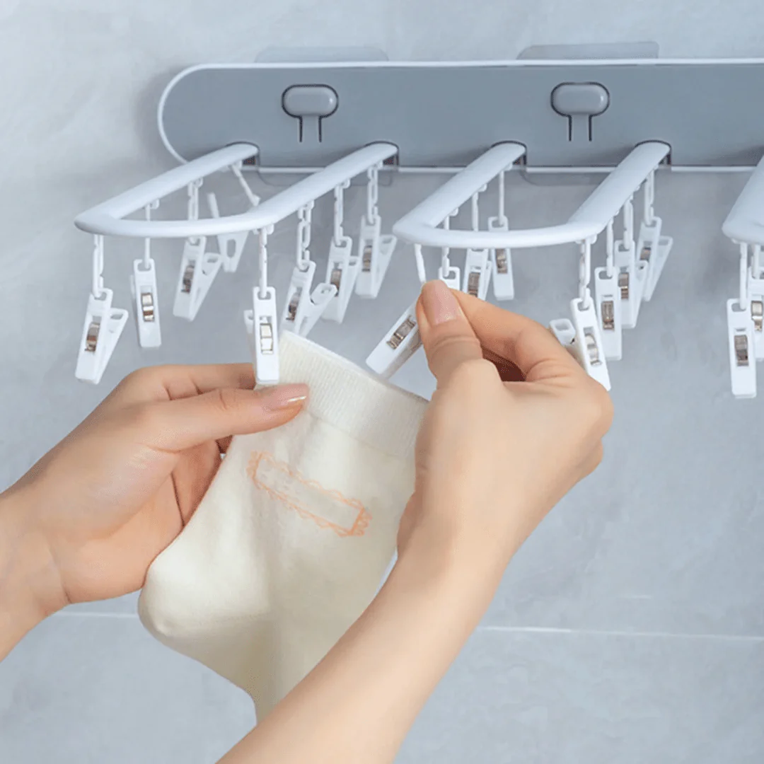 Multi-Purpose Wall Mounted Foldable Drying Hanger with 24 Clips - Image 4
