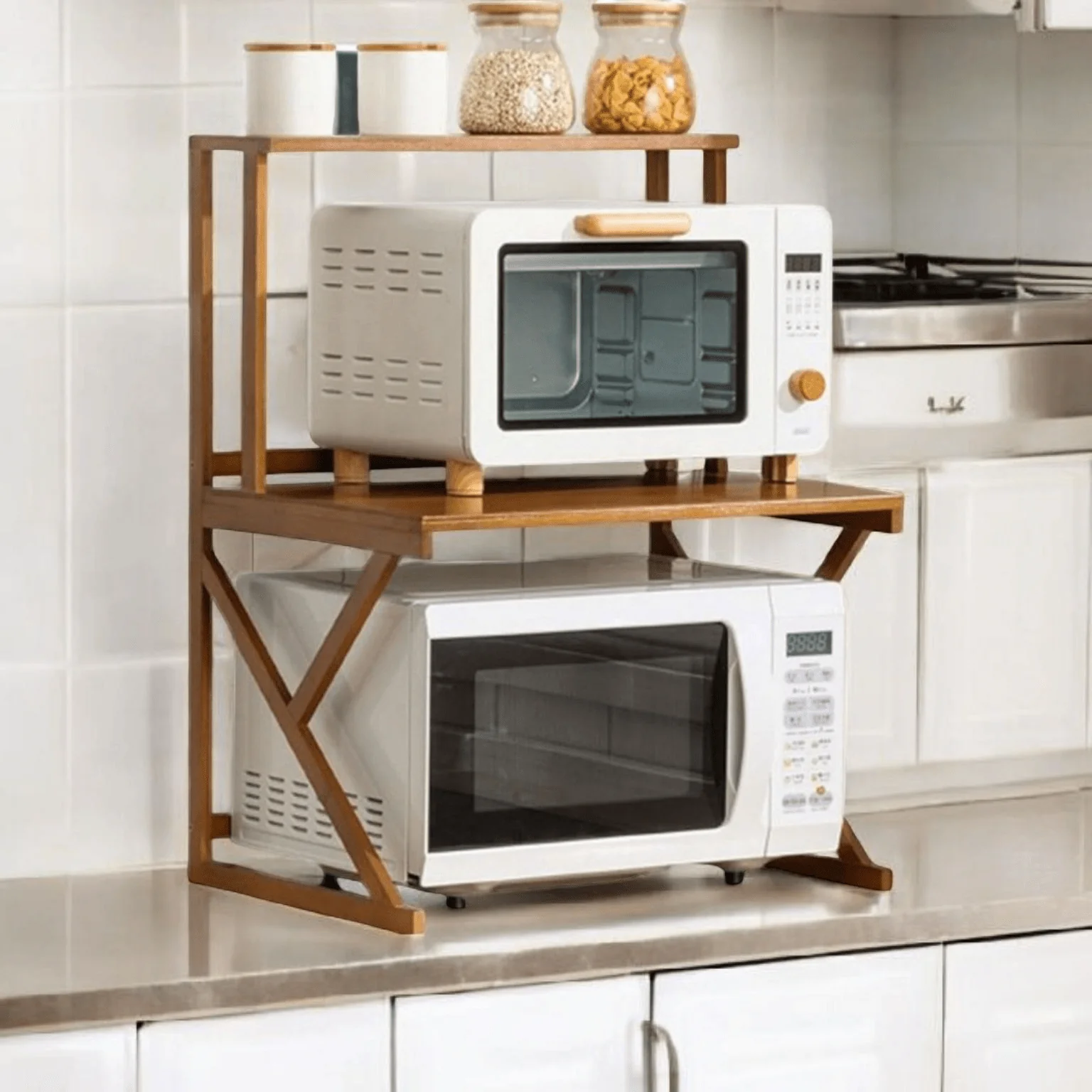 Multi-Tier Bamboo Microwave Oven Rack with Storage Hooks (53cm) - Image 3