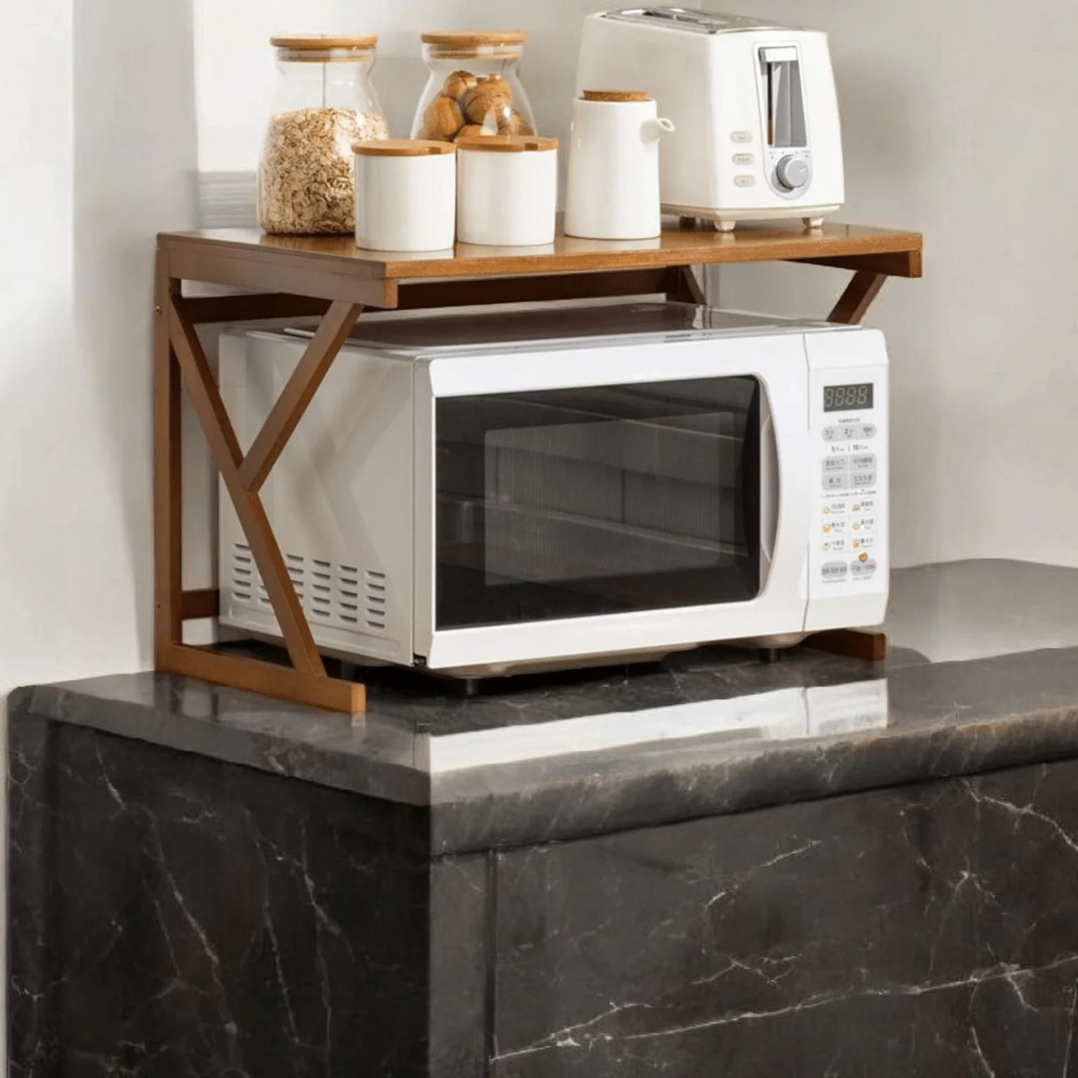 Multi-Tier Bamboo Microwave Oven Rack with Storage Hooks (53cm) - Image 4