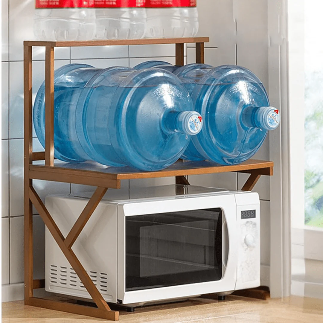 Multi-Tier Bamboo Microwave Oven Rack with Storage Hooks (53cm) - Image 5