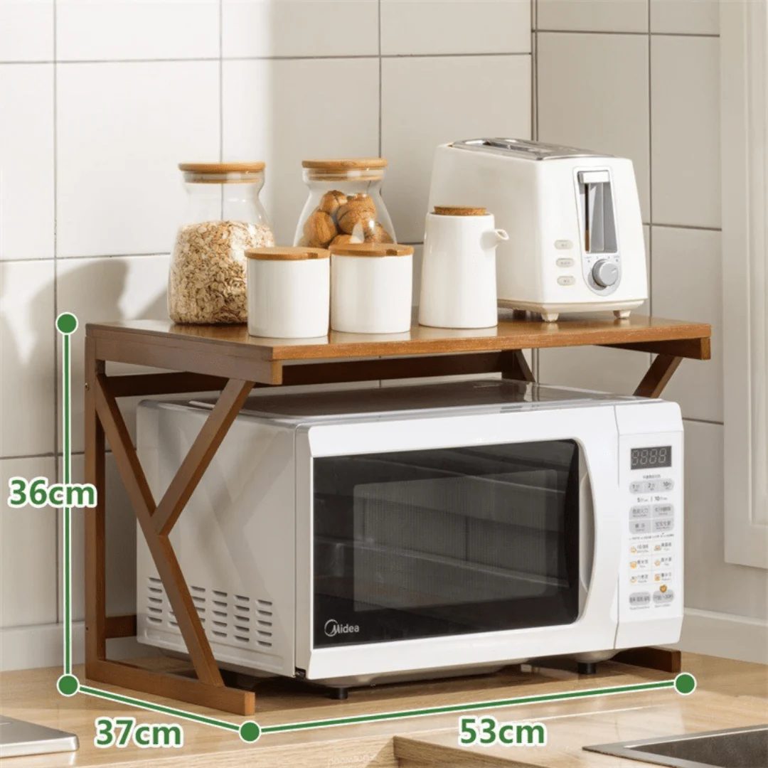 Multi-Tier Bamboo Microwave Oven Rack with Storage Hooks (53cm) - Image 6