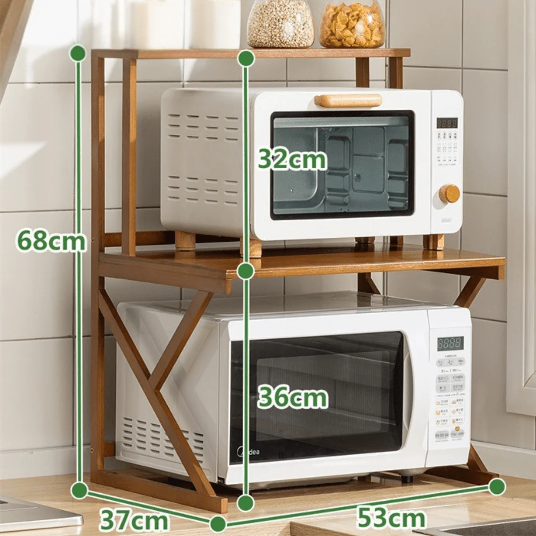 Multi-Tier Bamboo Microwave Oven Rack with Storage Hooks (53cm) - Image 7