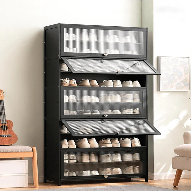 Multi-Tier Bamboo Shoe Rack with Transparent Flap Doors (80cm) - Image 4