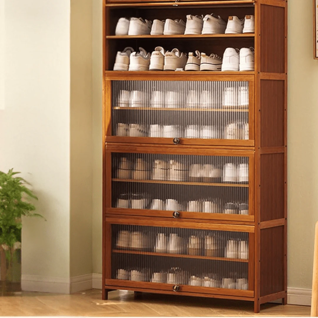 Multi-Tier Bamboo Shoe Rack with Transparent Flap Doors (Brown-80cm) - Image 3