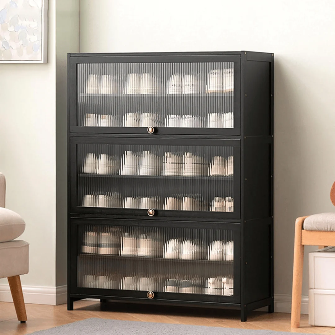 Multi-Tier Bamboo Shoe Rack with Transparent Flap Doors (Black-80cm) - Image 3
