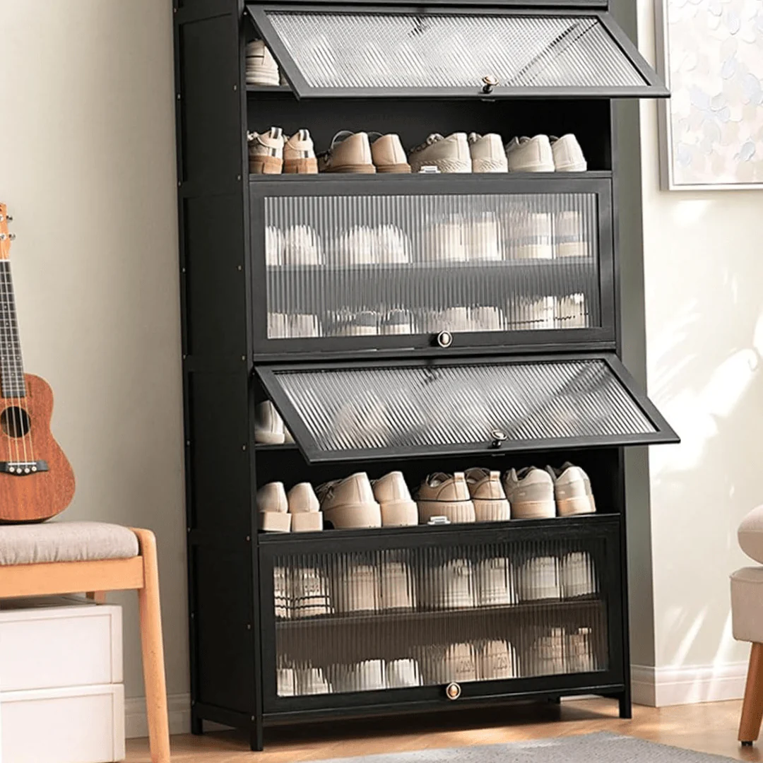 Multi-Tier Bamboo Shoe Rack with Transparent Flap Doors (Black-80cm) - Image 5