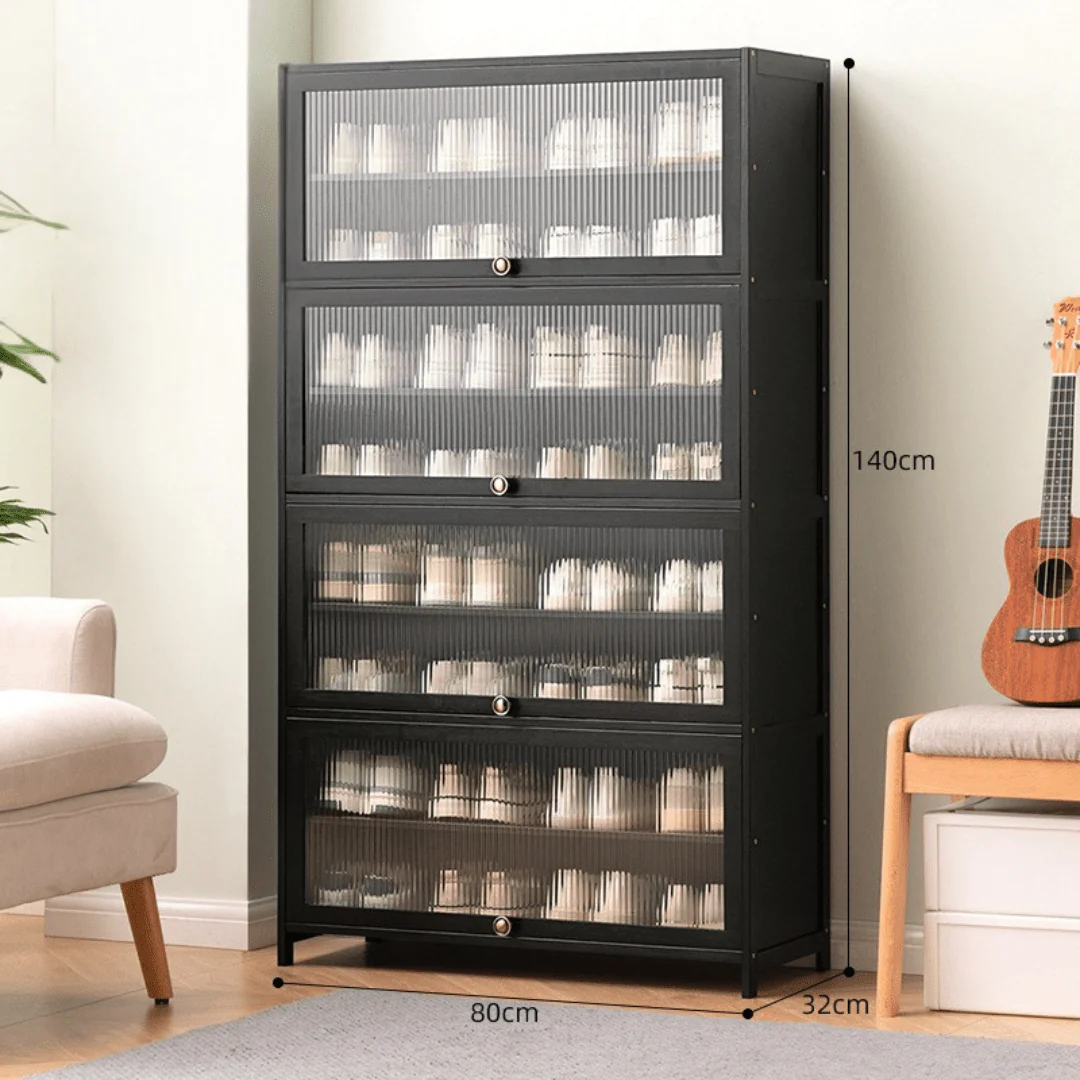 Multi-Tier Bamboo Shoe Rack with Transparent Flap Doors (Black-80cm) - Image 7