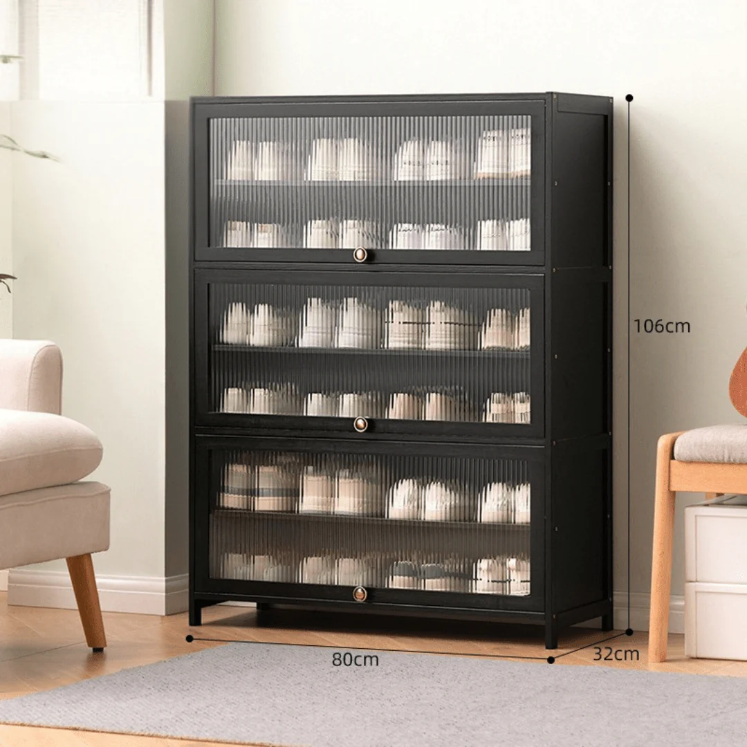 Multi-Tier Bamboo Shoe Rack with Transparent Flap Doors (Black-80cm) - Image 8