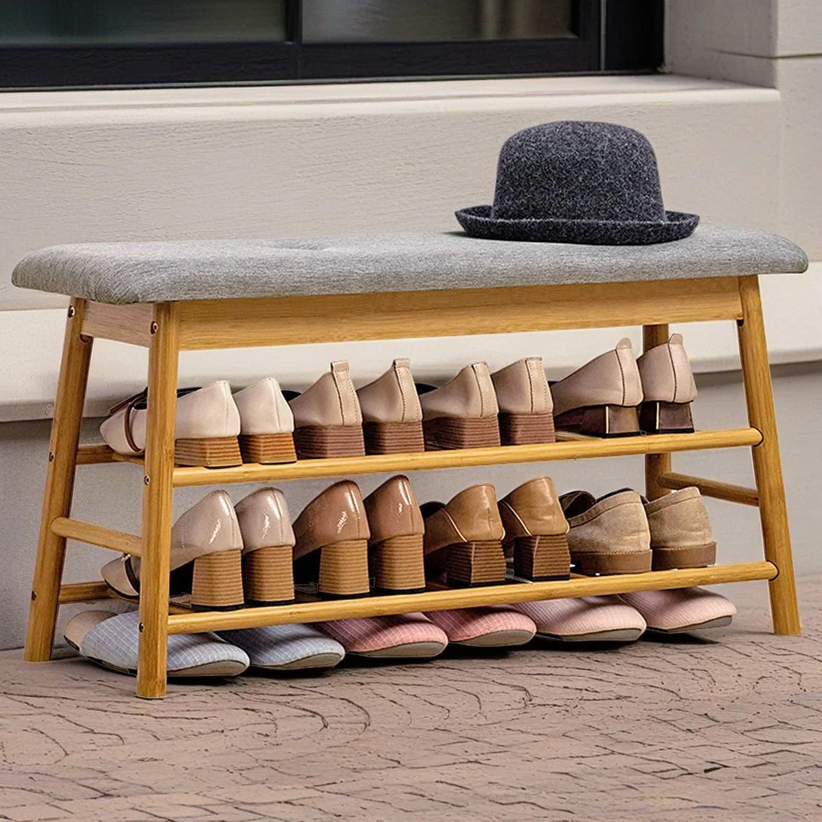 Multi-Tier Bamboo Shoe Storage Bench with Cushioned Seat (90cm) - Image 4