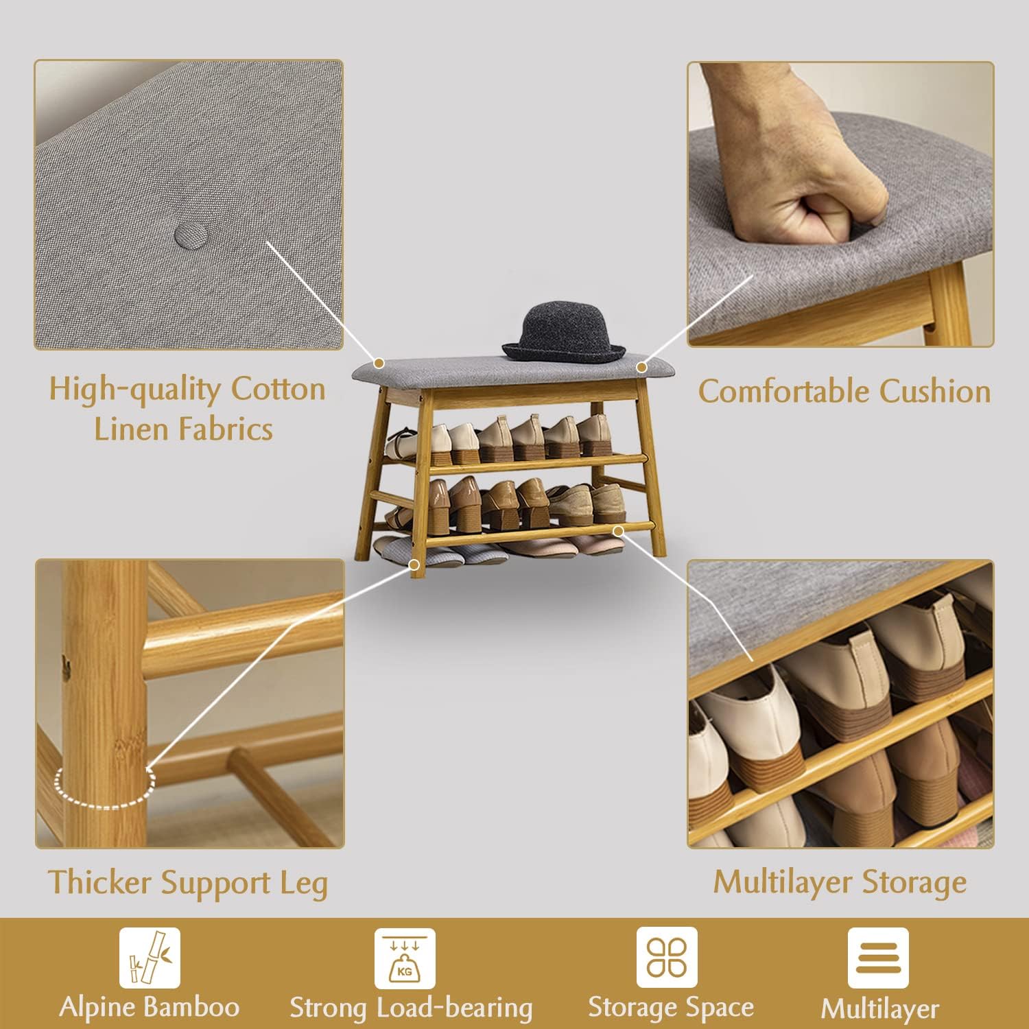 Multi-Tier Bamboo Shoe Storage Bench with Cushioned Seat (90cm) - Image 5