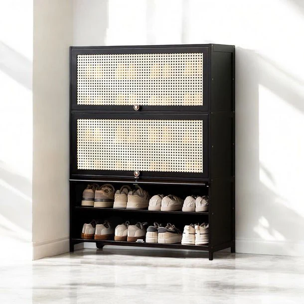 Multi-Tier Bamboo Wood Storage Shelf with Flip-Up Doors (80cm) - Image 4