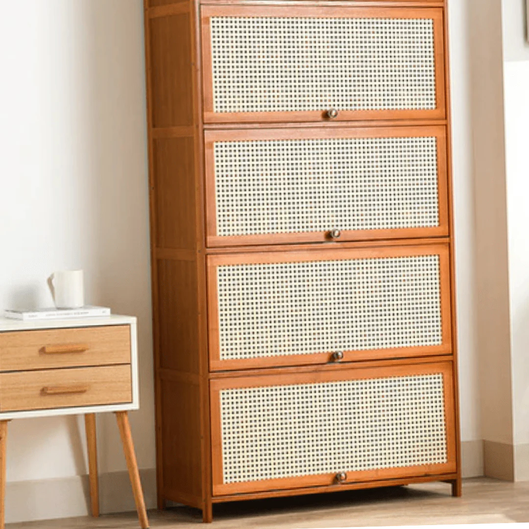 Multi-Tier Bamboo Wood Storage Shelf with Flip-Up Doors (Brown-80cm) - Image 3