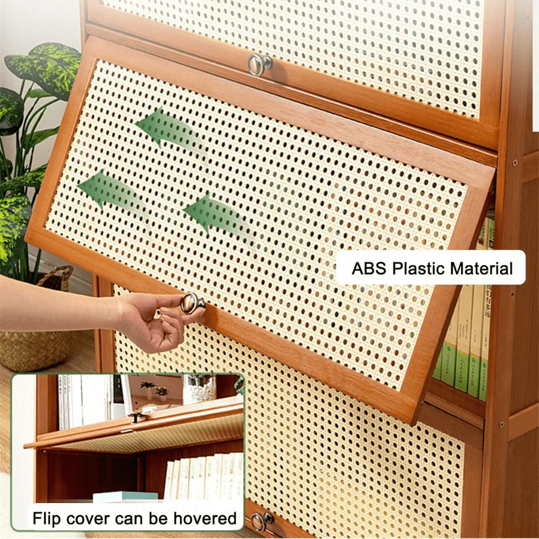 Multi-Tier Bamboo Wood Storage Shelf with Flip-Up Doors (Brown-80cm) - Image 4