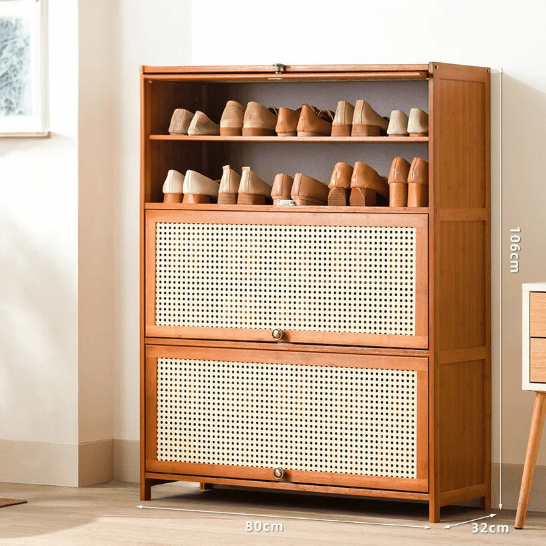 Multi-Tier Bamboo Wood Storage Shelf with Flip-Up Doors (Brown-80cm) - Image 6
