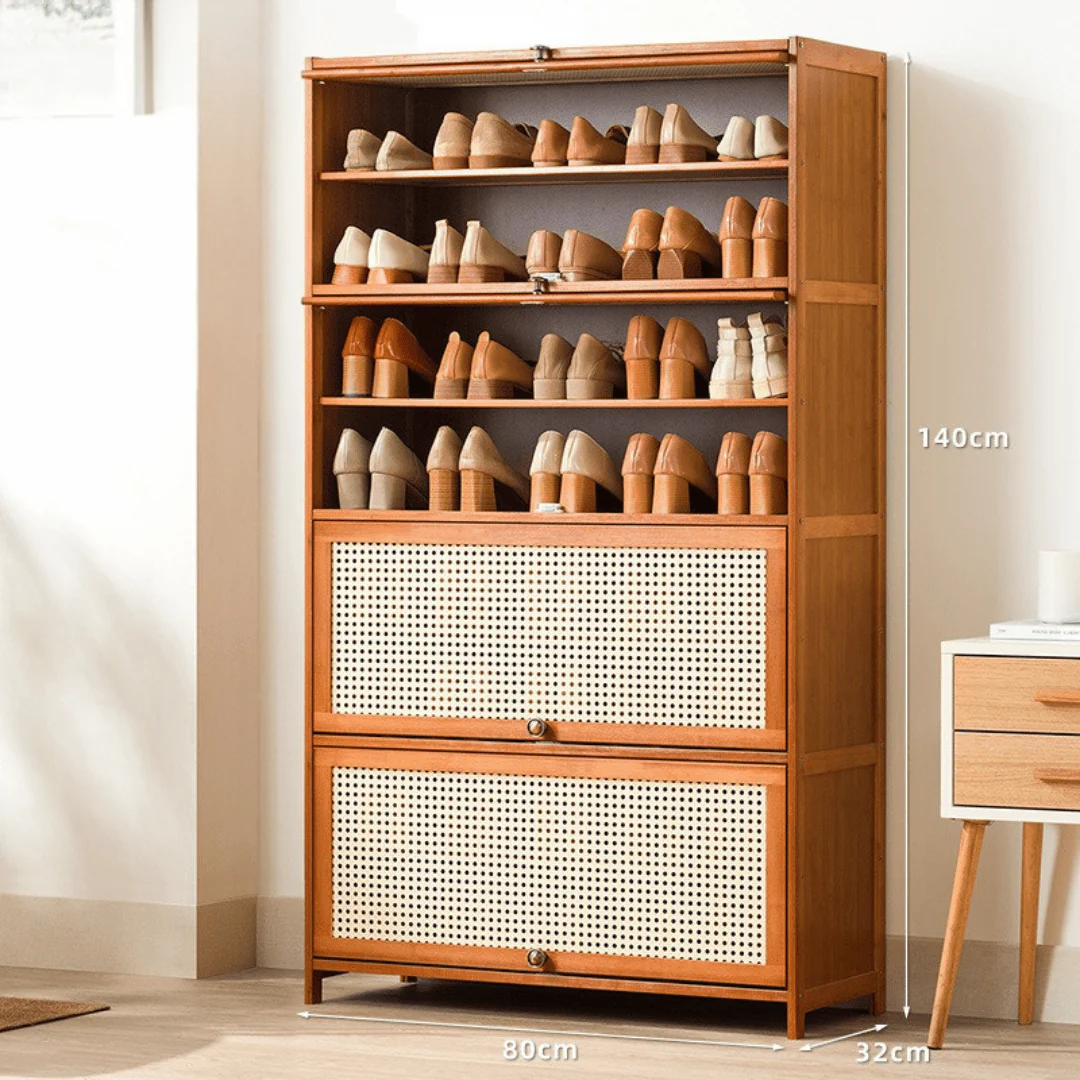 Multi-Tier Bamboo Wood Storage Shelf with Flip-Up Doors (Brown-80cm) - Image 7