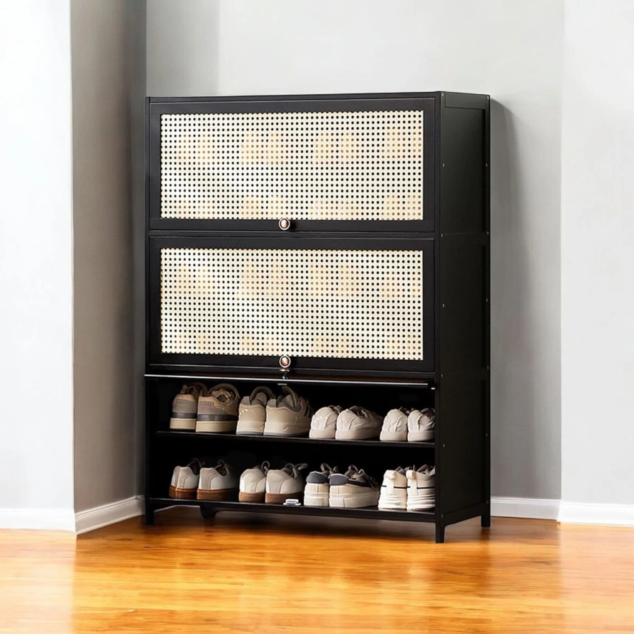 Multi-Tier Bamboo Wood Storage Shelf with Flip-Up Doors (Black-80cm) - Image 4