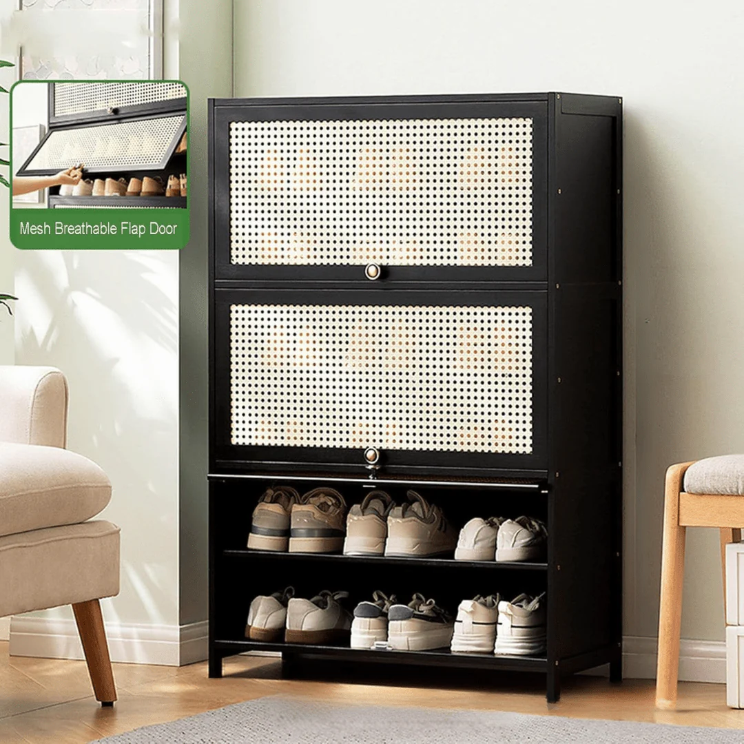 Multi-Tier Bamboo Wood Storage Shelf with Flip-Up Doors (Black-80cm) - Image 5