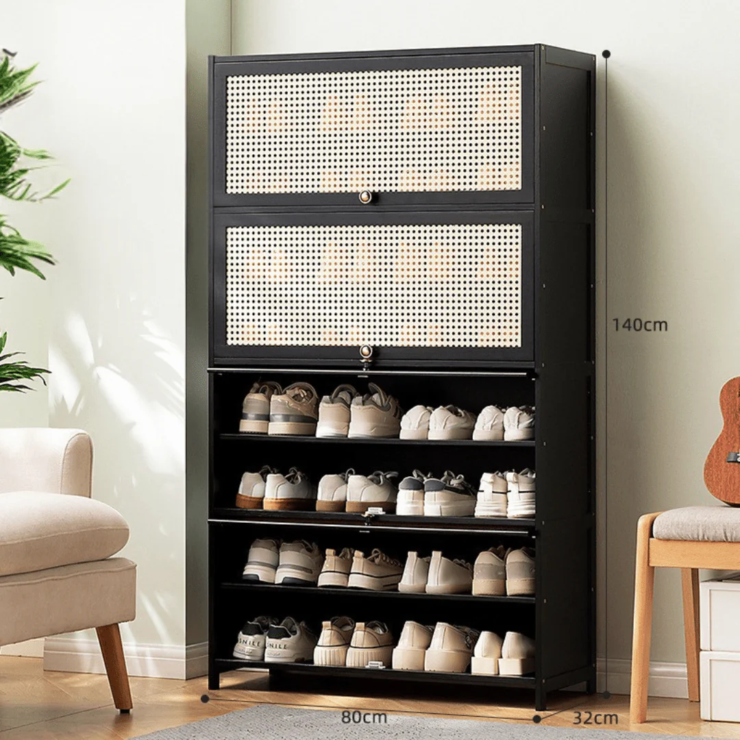 Multi-Tier Bamboo Wood Storage Shelf with Flip-Up Doors (Black-80cm) - Image 8