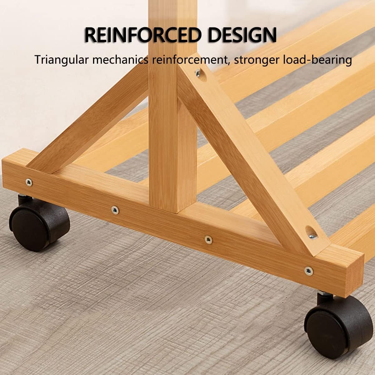 Multifunctional Bamboo Clothes Rack with Wheels and Shelf for Storage - Image 3