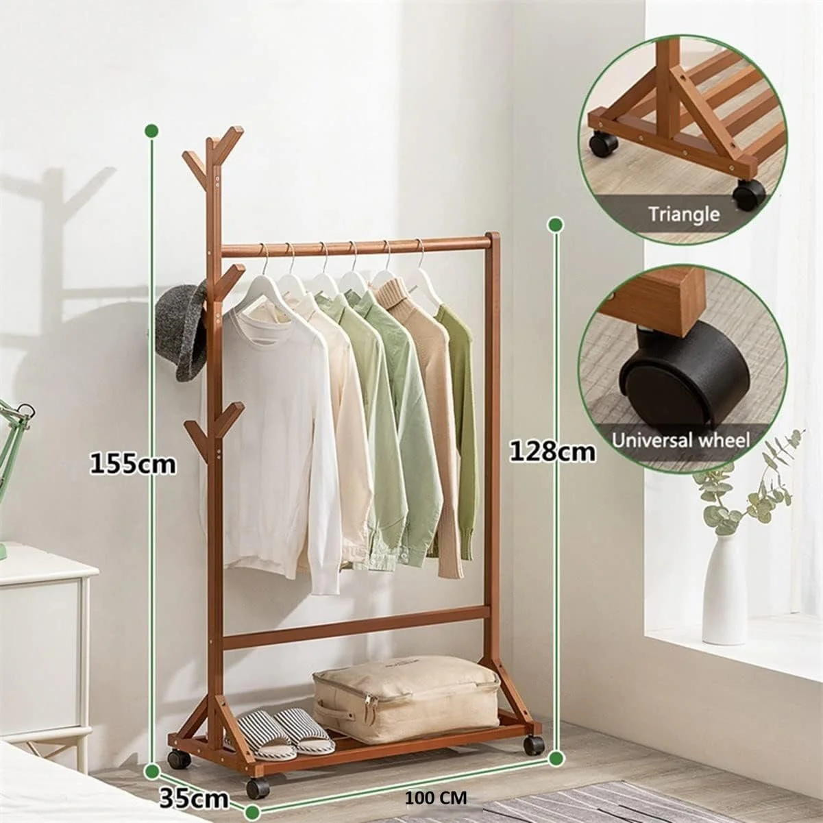 Multifunctional Bamboo Clothes Rack with Wheels and Shelf for Storage - Image 6