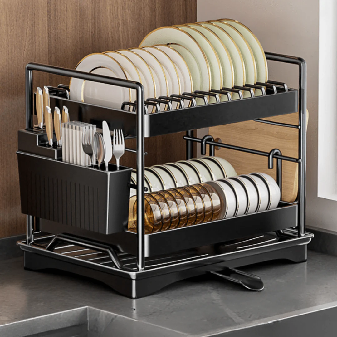 Multifunctional Carbon Steel Double Layer Dish Storage Rack with Cutlery Holder(40cm) - Image 3