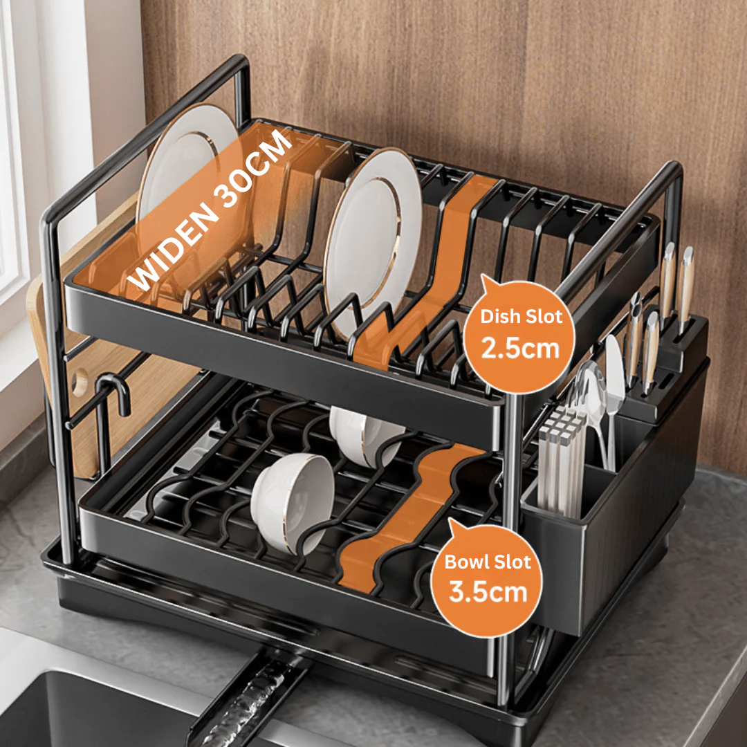 Multifunctional Carbon Steel Double Layer Dish Storage Rack with Cutlery Holder(40cm) - Image 4