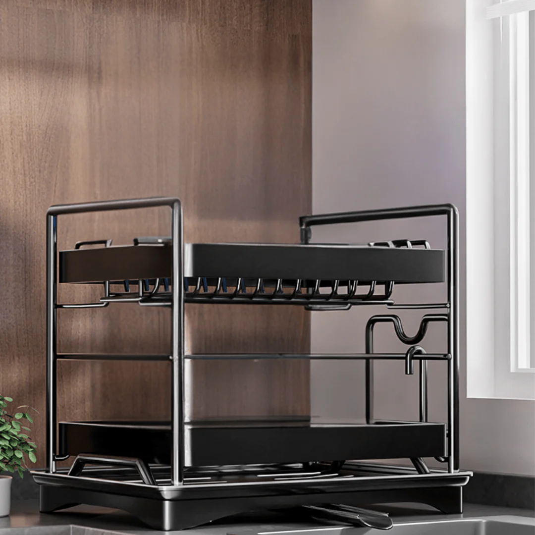 Multifunctional Carbon Steel Double Layer Dish Storage Rack with Cutlery Holder(40cm) - Image 5