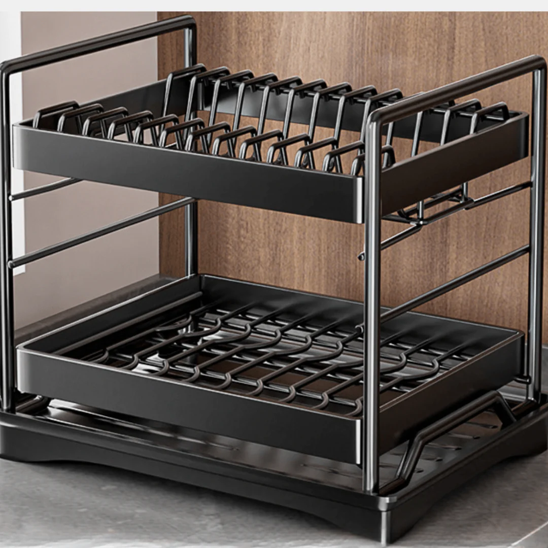 Multifunctional Carbon Steel Double Layer Dish Storage Rack with Cutlery Holder(40cm) - Image 6