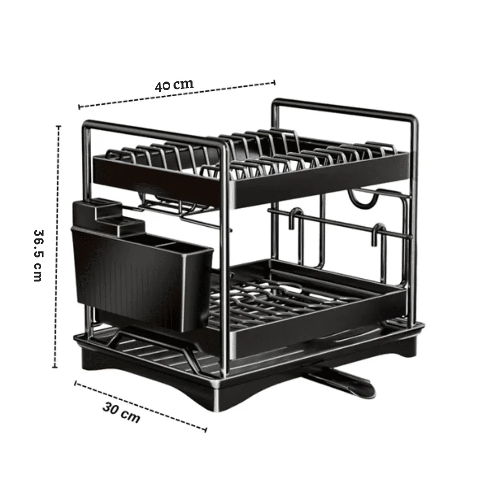 Multifunctional Carbon Steel Double Layer Dish Storage Rack with Cutlery Holder(40cm) - Image 7