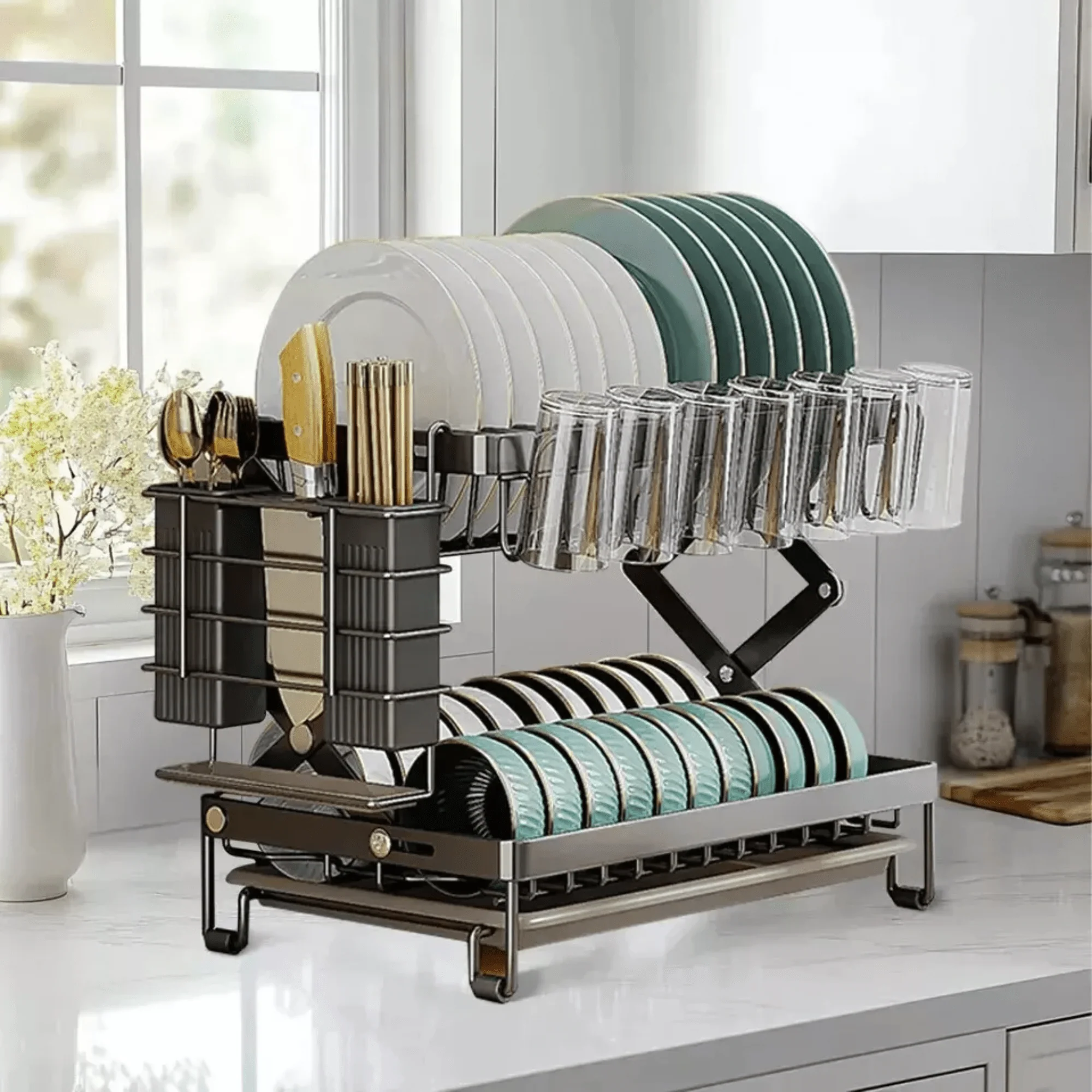 Multifunctional Foldable Carbon Steel Double-Layer Dish Drying Rack (40cm) - Image 7