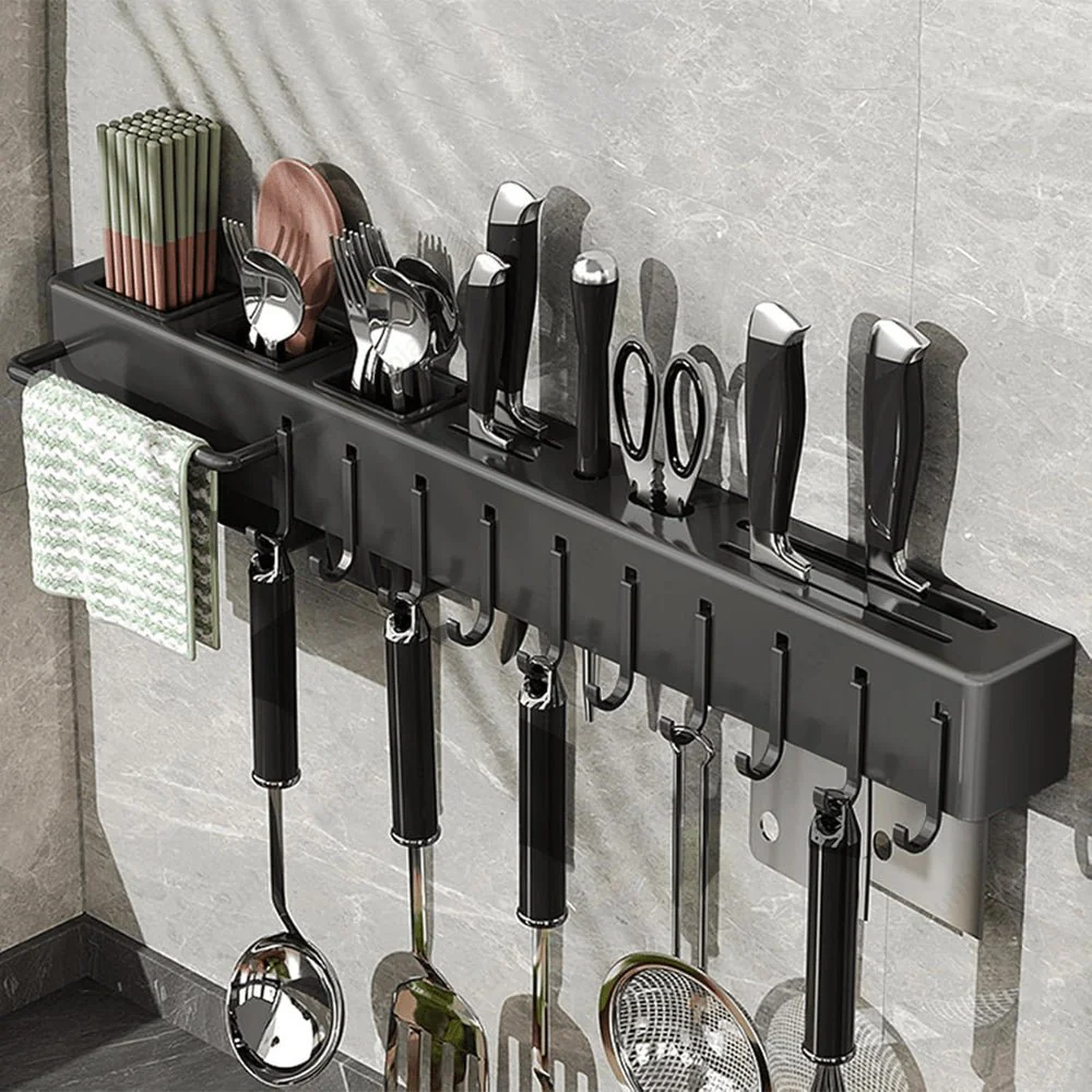 Multi-Functional Wall Mounted Stainless Steel Kitchen Organizer with Hooks(60cm) - Image 2