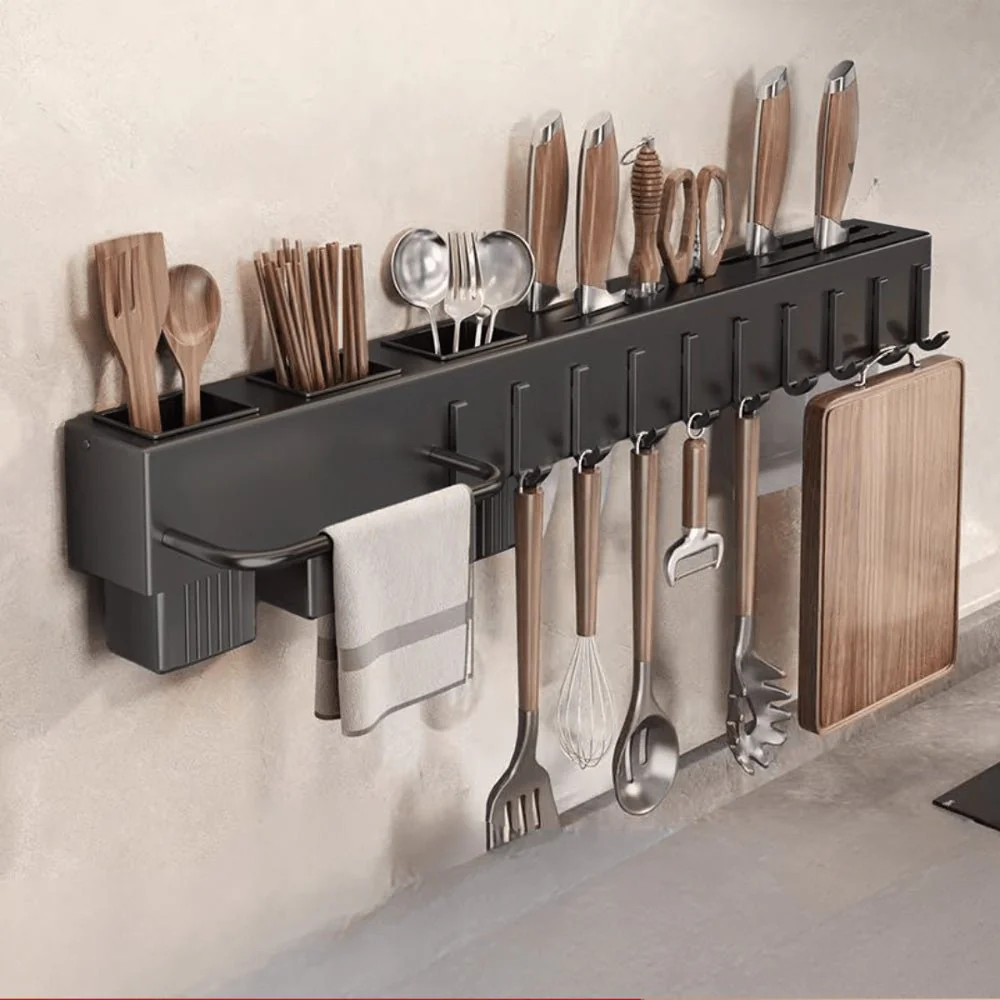 Multi-Functional Wall Mounted Stainless Steel Kitchen Organizer with Hooks(60cm) - Image 4