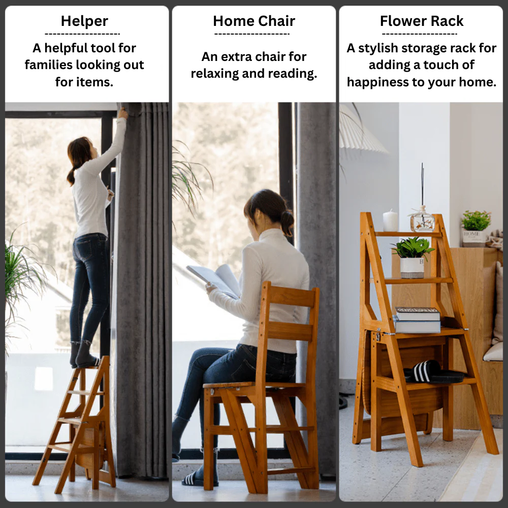 Multipurpose Wooden Folding Step Stool Ladder 3-in-1 Space-Saver (90 cm) - Image 5