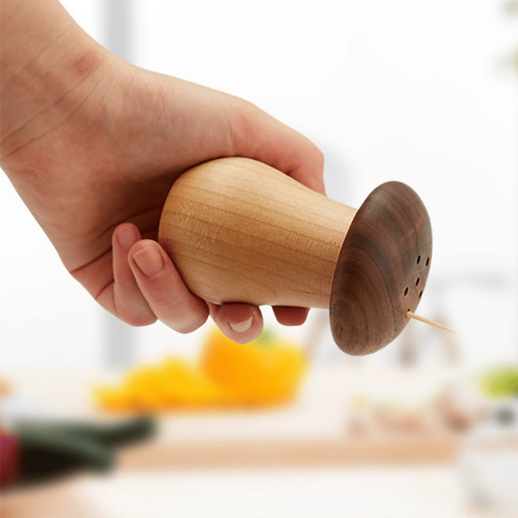 Natural Solid Wood Toothpick Case with Vintage Mushroom Top - Image 2