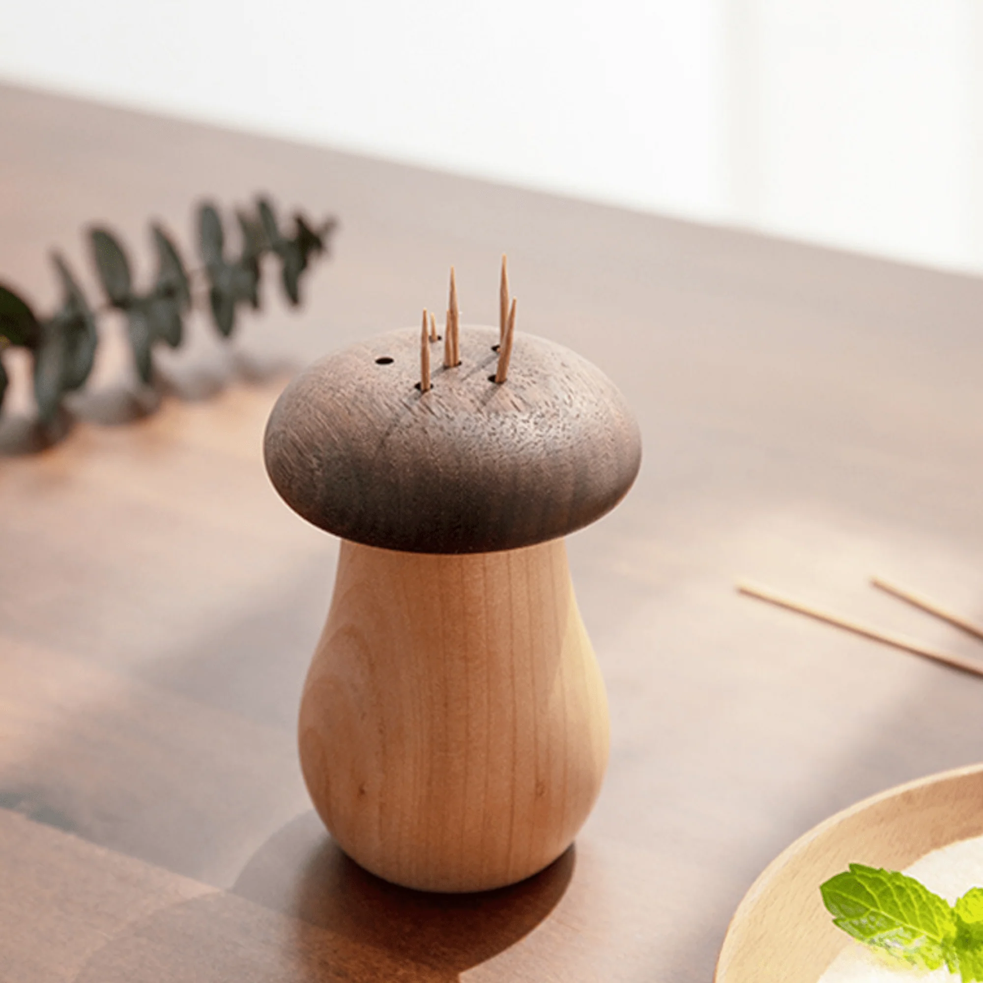 Natural Solid Wood Toothpick Case with Vintage Mushroom Top - Image 3