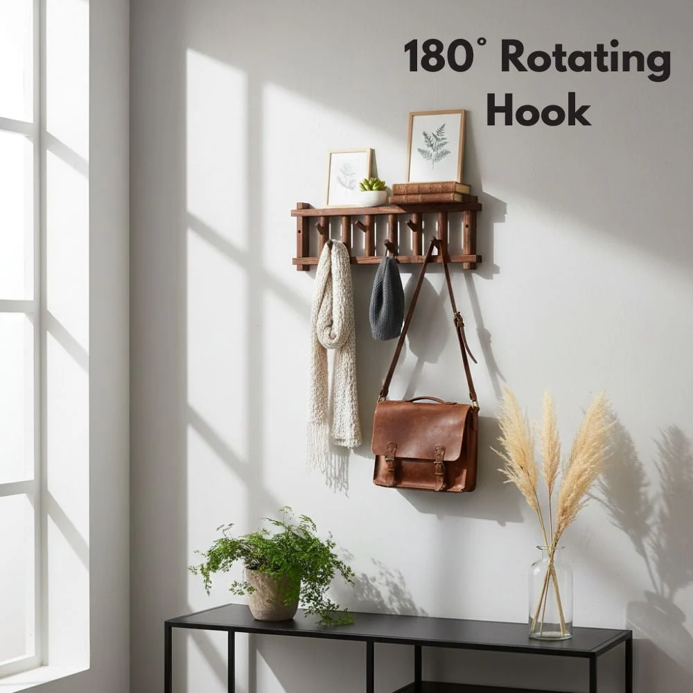 Natural Wood Wall-Mounted Clothes & Accessories Rack - Image 3