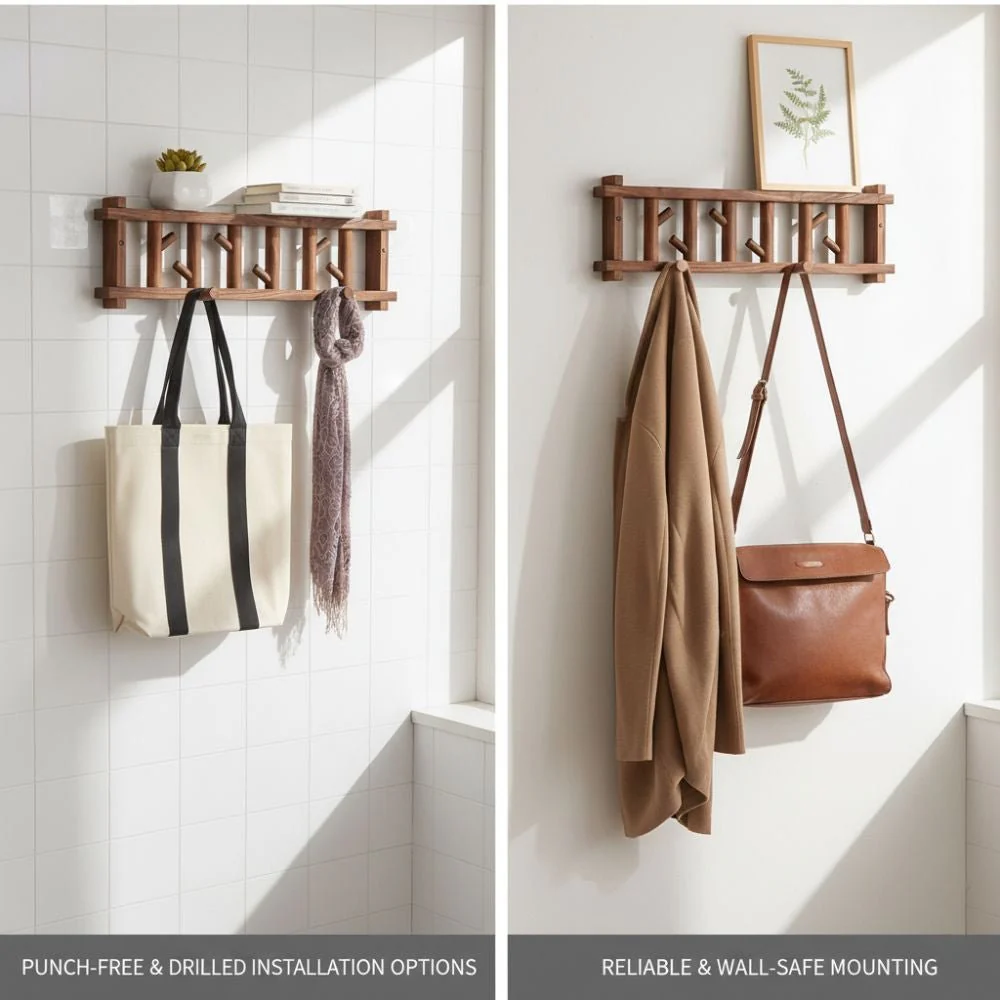 Natural Wood Wall-Mounted Clothes & Accessories Rack - Image 4