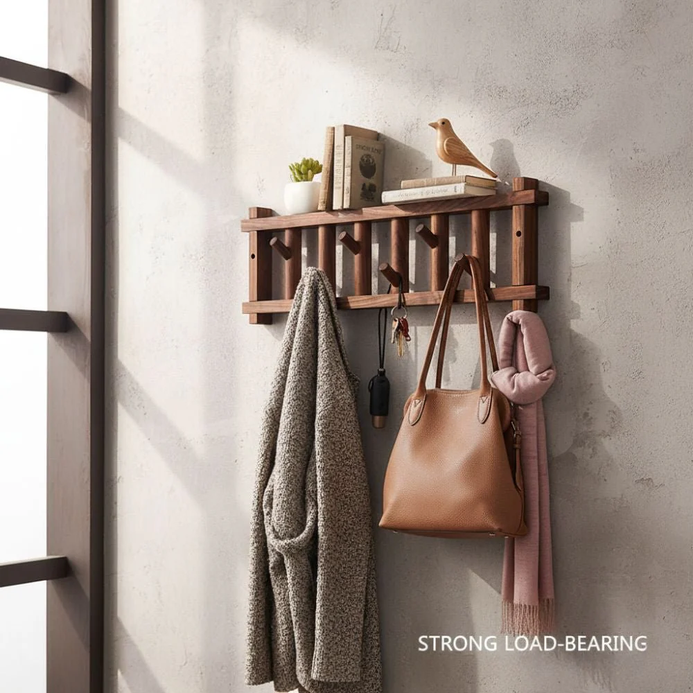 Natural Wood Wall-Mounted Clothes & Accessories Rack - Image 5