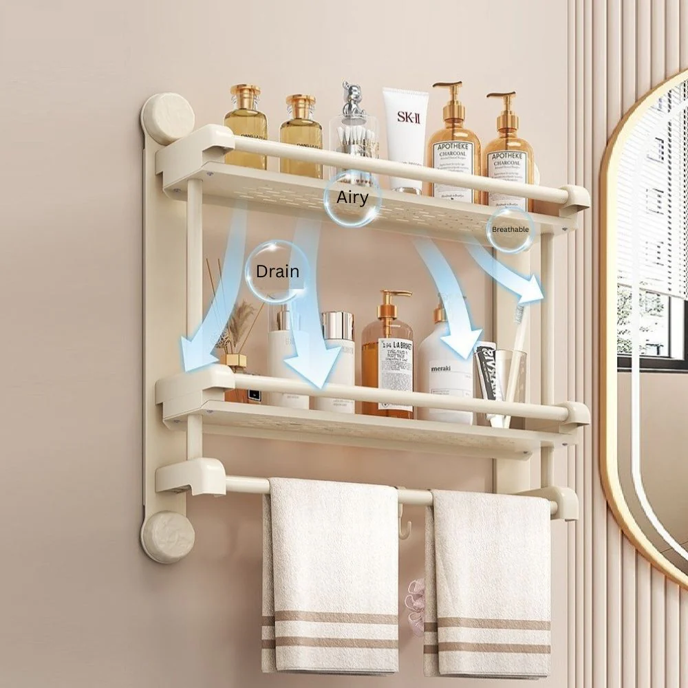 No-Drill Suction Cup Wall-Mounted Bathroom Shelf with Hooks (60 cm) - Image 3