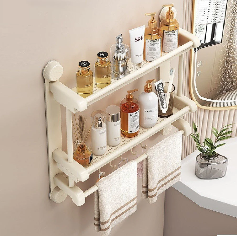 No-Drill Suction Cup Wall-Mounted Bathroom Shelf with Hooks (60 cm) - Image 9