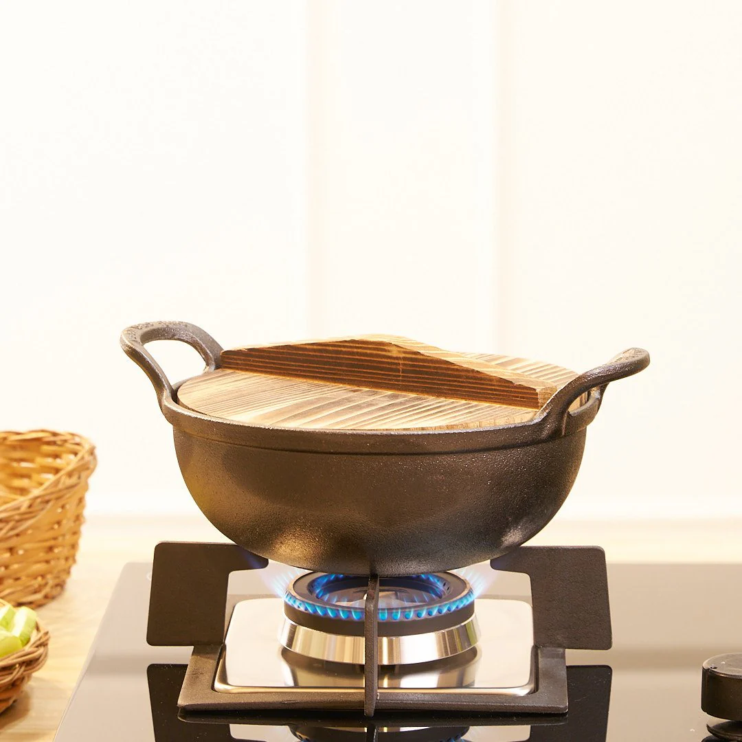 Cast Iron Non-Stick Cooking Pot with Grab Handles And Wooden Lid - Image 4