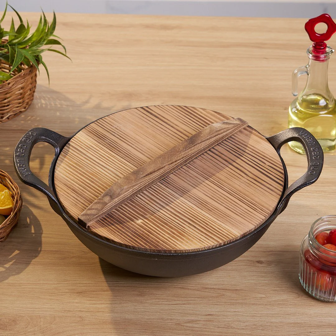 Cast Iron Non-Stick Cooking Pot with Grab Handles And Wooden Lid - Image 6